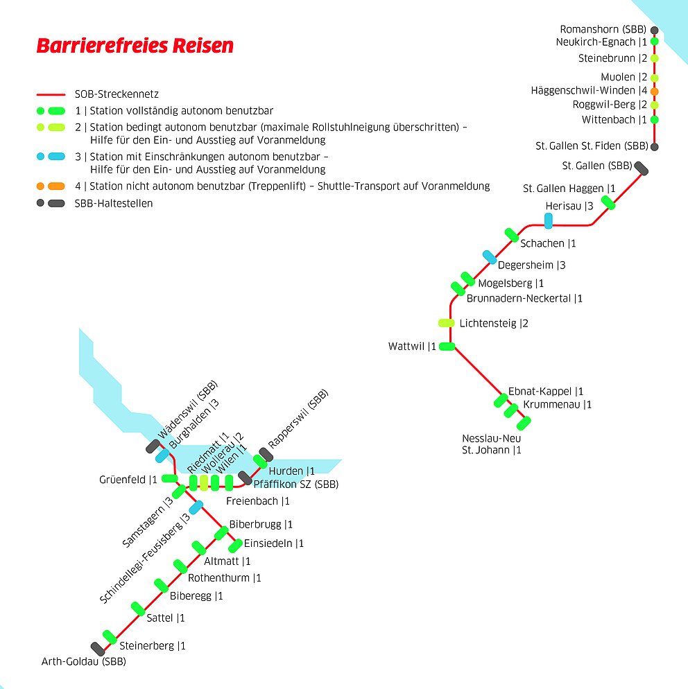 Übersichtskarte der Behig-Bahnhöfe im SOB-Streckennetz.