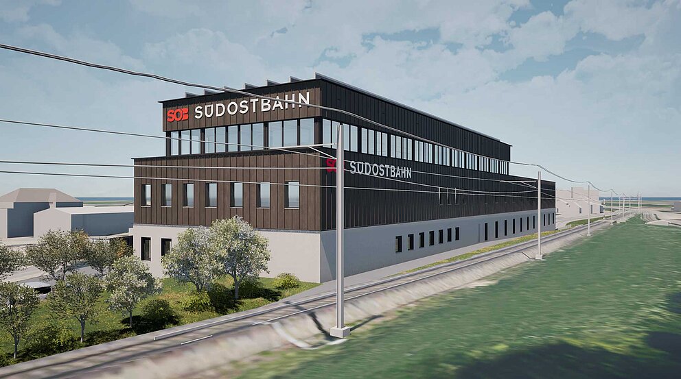 Sicht vom Gleis zum Baudienst-Zentrum