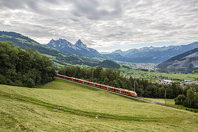 Ein Voralpen-Express der Südostbahn unterwegs bei Steinerberg im Kanton Schwyz.