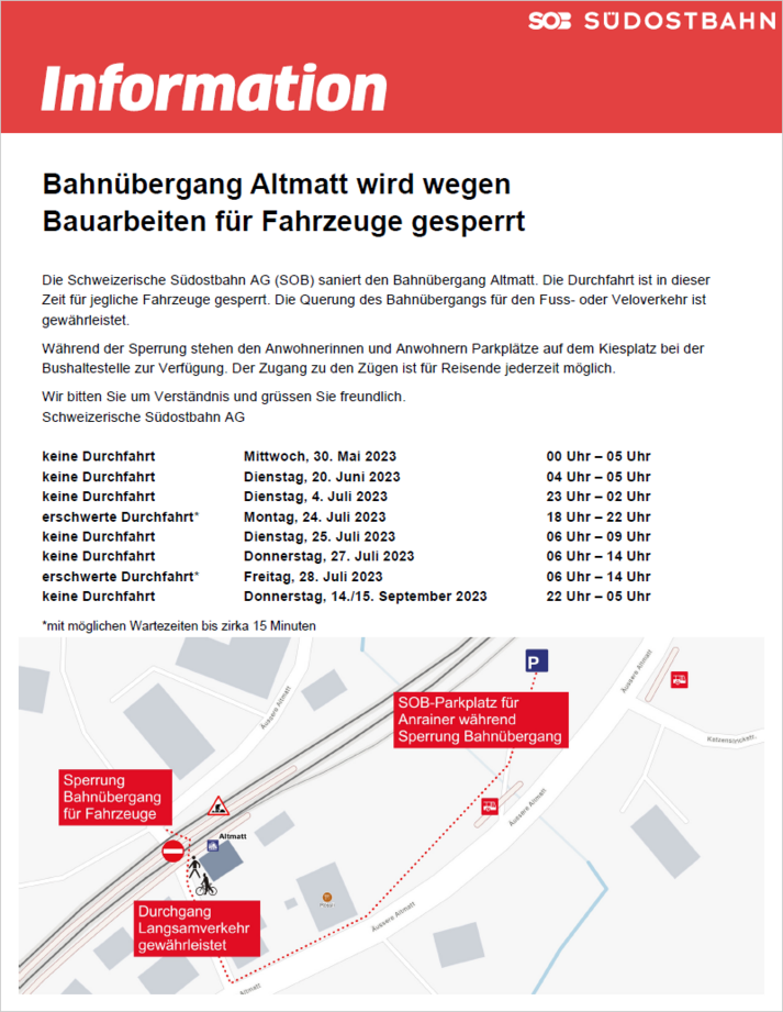 Information über Sperrung Bahnübergang in Altmatt.