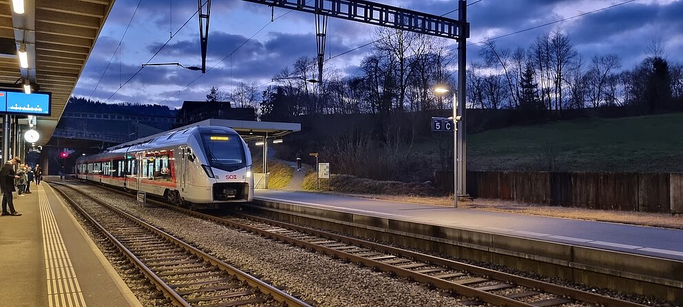 Wettbeewerb-Bild: Ein SOB-Zug beim Bahnhof Bibgerbrugg
