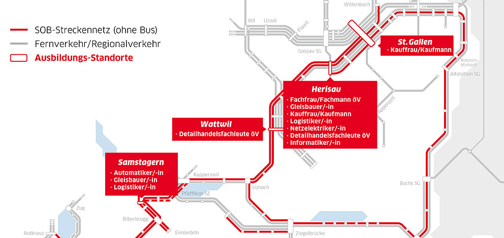 Darstellung Ausbildungsstandorte der SOB auf einer Karte