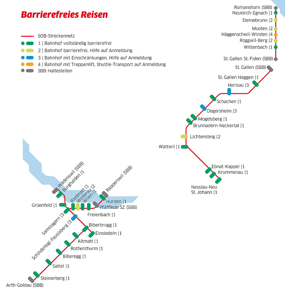 Übersichtskarte der Behig-Bahnhöfe im SOB-Streckennetz.